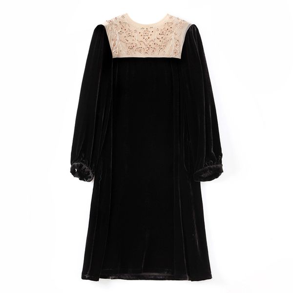 Лето 2023 г. Черное сплошное цветное платье из бисера с длинным рукавом и круглым вырезом, кружевные вставки до колена, повседневные платья S3S08M0932320110