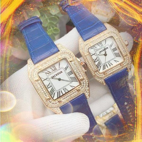 Pareja Moda mujer hombre relojes de cuarzo cuadrado de alta calidad caja de anillo de diamantes romanos diseño superior de lujo cinturón de cuero reloj Nice table226T