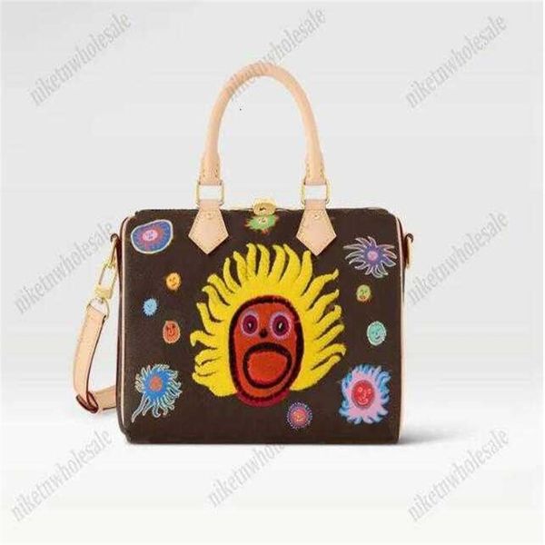 Face Print YK Speedy Bandouliere 25 Bag M46426 Yayoi Kusama Embroidery Leather Handbag 2023 joyful faces Tote upbeat energy Purse 295O
