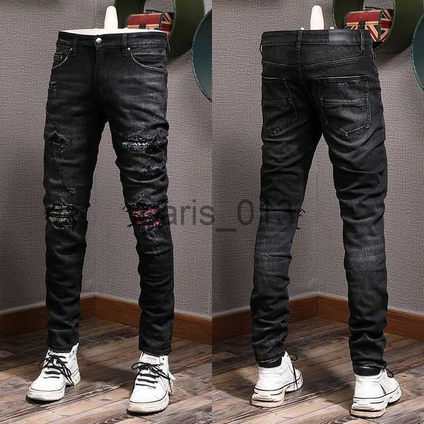 Herren-Jeans, Schwarz, Stretch, Biker-Jeans, für Herren, Distressed, Slim, Fitness, lange Cowboy-Hose, Herren, große Größe 38 x 0909