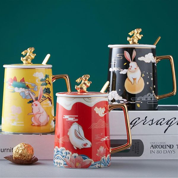 430 ml chinesischer Stil Kaninchen-Kaffeetasse mit Geschenkbox, Keramik-Tiere-Becher mit Löffel und Deckel, Jahrestag, Weihnachten, Geburtstag, Geschenk, F322V