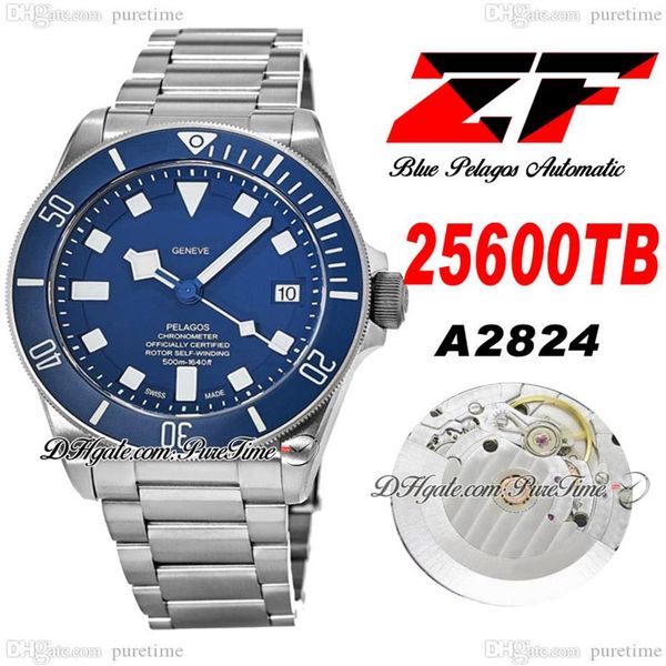 ZF V5 25500 A2824 Titanium Automatic Mens Watch 42mm Moldura de cerâmica Mostrador azul Marcadores brancos Pulseira de titânio Super Edition Watche277S