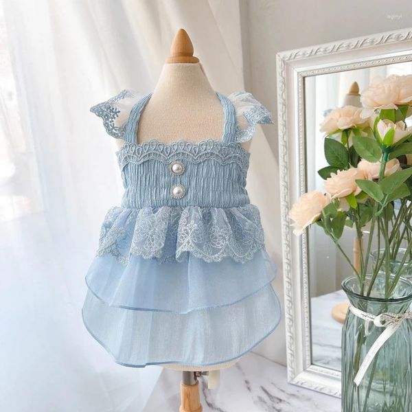 Cão vestuário verão gato vestido azul princesa saia tutu yorkies pomeranian roupas maltês shih tzu poodle frise roupas para animais de estimação trajes