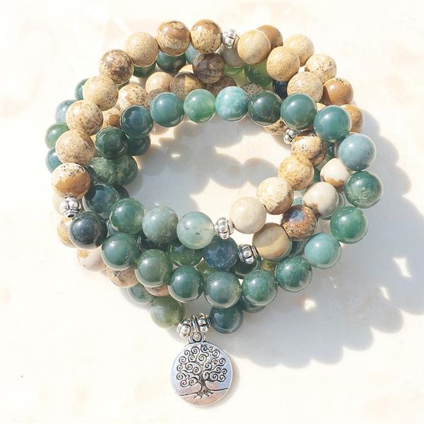 SN1005 Moosachat Bild Jaspis 108 Mala Perlen Yoga Halskette Baum des Lebens Mala Wickelarmband Alles über Natur und Meditati2213