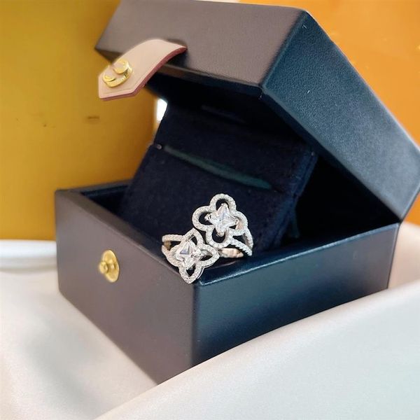 Luxusmarke Designer Ring Les Ardentes Top Sterling Silber Kristall Vierblättriges Kleeblatt Doppelte Blume Charm Offener Ring mit Box für Wo265y