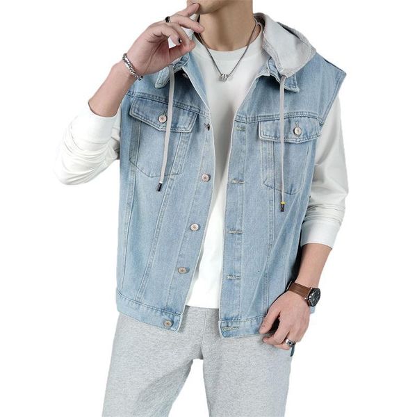 Coletes masculinos elegante legal masculino denim colete solto ajuste com capuz rua hoodie retro colete sem mangas jeans jaqueta para homens 230908