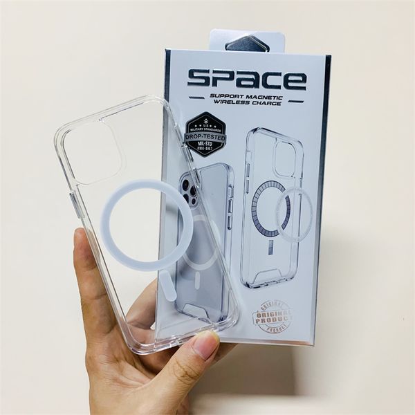 Space Clear Acryl-Handyhüllen für iPhone 15 14 13 12 11 Pro Max mit galvanisiertem Silberknopf, vollständiger Kameraschutz, magnetischer kabelloser Ladeabdeckung