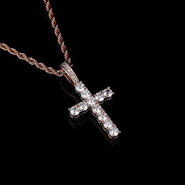 Hiphop Iced Rose Gold Ankh Ägyptischer Anhänger Diamant Kreuz Halskette für Männer Frauen Schmuck mit 24 Zoll Seilkette265b