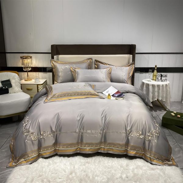 Ouro prata café bordado luxo conjunto de cama rainha rei tamanho mancha roupas cama 4 pçs algodão seda conjuntos capa edredão bed2692