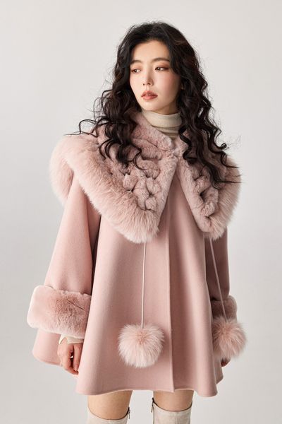 Misturas femininas 2023 senhoras elegantes grande gola de pele real poncho casacos outerwear plus size lã 230908