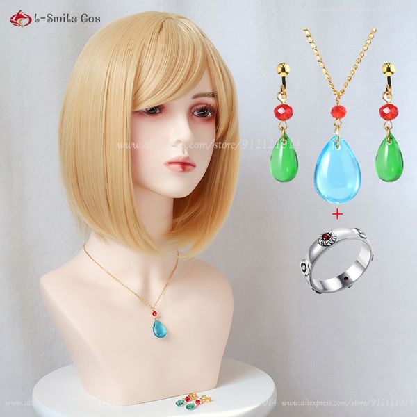 Cosplay perucas anime castelo assistente uivo cosplay peruca loira peruca amarela com brincos de uivo colar resistente ao calor cabelo cosplay peruca boné 230908