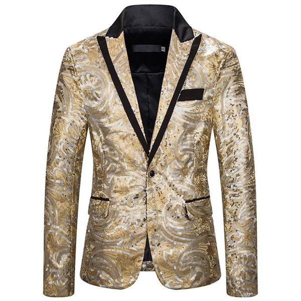 Ternos masculinos blazers luclesam masculino lantejoulas blazer moda festa brilho colar perfurado um botão terno jaqueta palco performanc318z