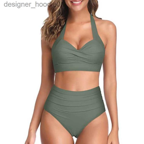 Mulheres Swimwear Mulheres Swimwear Mulheres Cintura Alta Biquíni Push Up Vintage Maiôs Halter Top Controle de Barriga Ruched Bottom Two Piece Ternos de banho 230411 L230909