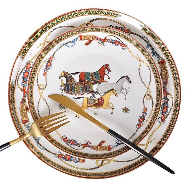 Посуда, тарелки, роскошный боевой конь, костяной фарфор, набор столовой посуды, королевский праздник, фарфоровая тарелка в западном стиле, украшение дома Wedding342D