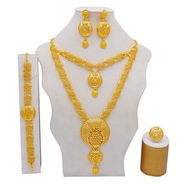 Серьги, ожерелье, 24-каратное золото в Дубае, комплекты ювелирных украшений для женщин, двухслойные кольца, свадебные африканские свадебные подарки для жены217a