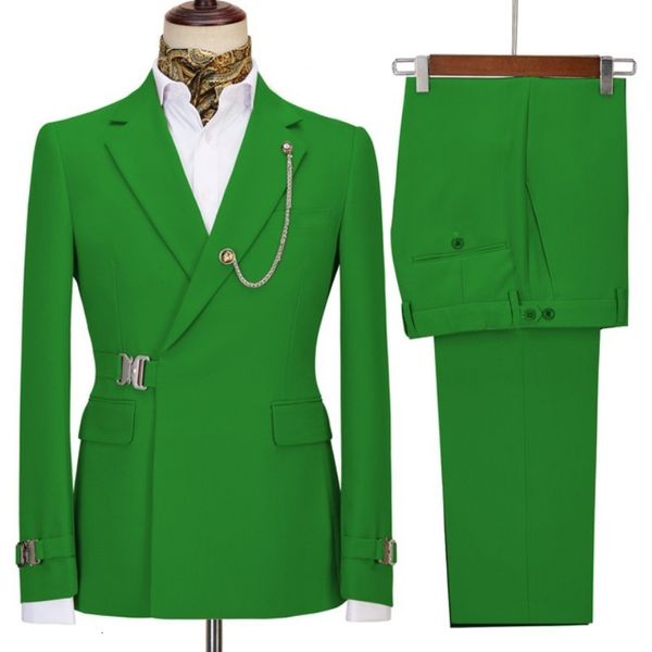 Ternos masculinos Blazers Green Belt Design Double Breasted Mens Ternos 2 Peças Casaco Calça Mais Recente Design Ternos De Casamento Noivo Prom Smoking Blazer Set 230908