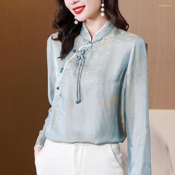 Frauen Blusen Chic Chinesischen HANFU Stil Seide Tops Frauen 2023 Herbst Vintage-Mode Langarm Shirts Casual Elegante Weibliche