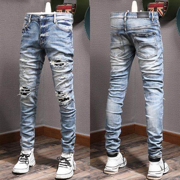 Jeans da motociclista da uomo con taglie forti 38 Denim con foro distrutto e scolorimento invecchiato Male256s