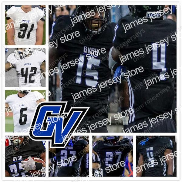 American College Football Wear Personalizado Grand Valley State GVSU Futebol Preto Branco 5 Austin Paritee 7 Cole Kotopka 22 Aryuan Cain-283R