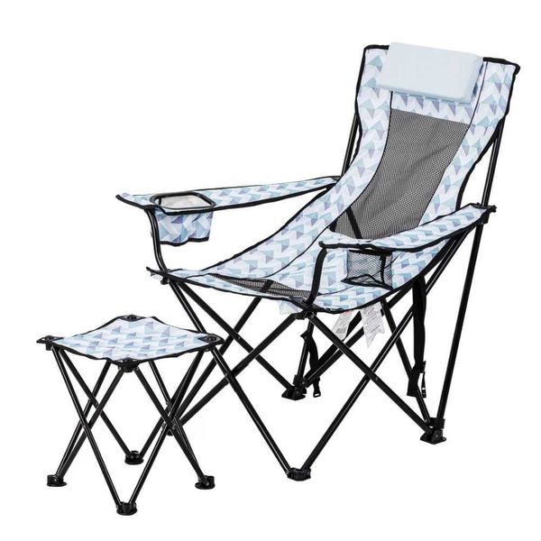Móveis de acampamento Ozark Trail Lounge Cadeira de acampamento com apoio para os pés destacado azul e branco Geo Design Apoio de cabeça acolchoado adulto HKD230909