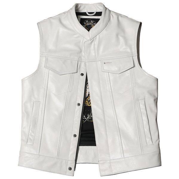 Coletes masculinos Europeu elegante genuíno couro de vaca motocicleta branco weskit colete homens cowboy real couro blazer vestido coletes verão 230909