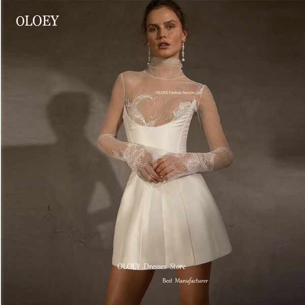 Abiti sexy urbani OLOEY 2023 Abito corto da sposa maniche lunghe Collo alto Tulle Raso spesso Mini abito da sposa Cocktail formale 230909