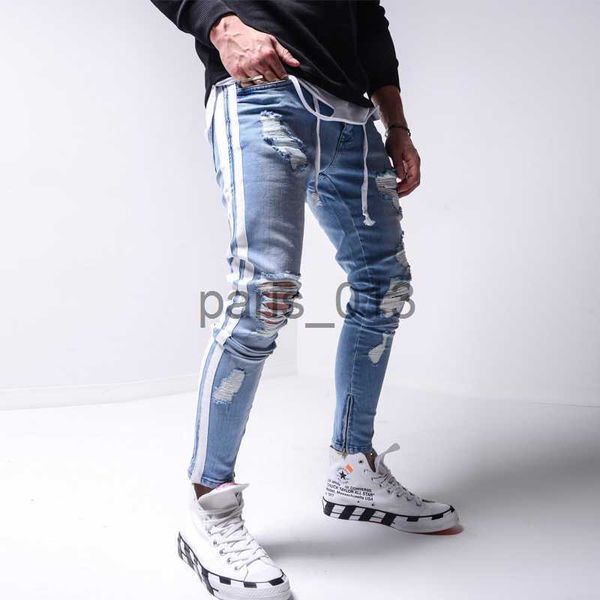 Erkek kot pantolon yırtık kurşun kalem pantolon erkek sıska denim biker yan çizgili yıkılmış delik hip hop ince fit adam çizik jean hombre x0911