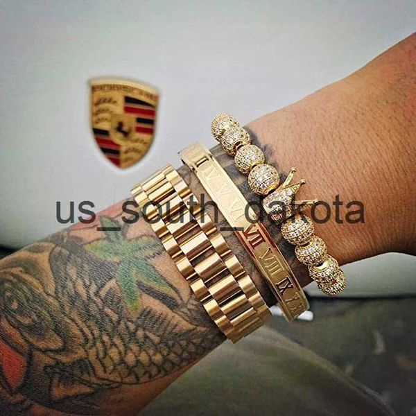 Corrente 3 pçs / set Imperial Crown King Mens Pulseira Pave CZ Pulseiras de Ouro para Homens Luxo Charme Moda Cuff Bangle Aniversário Jóias X0909