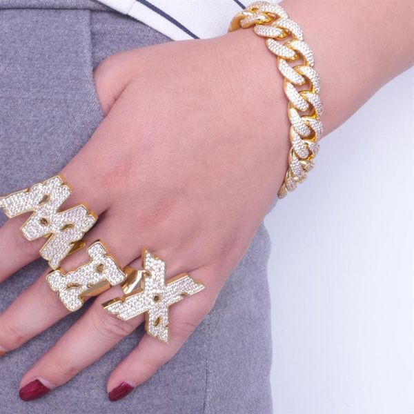 Nova chegada ouro gelado fora diamante letras inglesas anel bandas amantes ajustável aberto manguito anéis de dedo aniversário jóias presentes para m277v