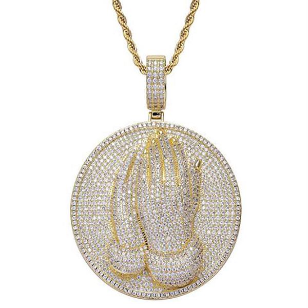 14k ouro orando mãos medalha pingente cristão charme redondo diamante zircônia cúbica ouro prata colar com corda de 24 polegadas chain266s