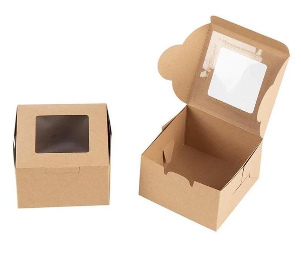 Модная 3-размерная коробка для торта из крафт-бумаги с окном, подарочная упаковка для свадьбы, домашней вечеринки, белая, коричневая коробка из крафт-бумаги, оптовая продажа