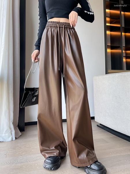 Frauen Hosen Lose PU Leder Hohe Taille Herbst Und Winter Kordelzug Breite bein Elastische Taille Schwarz Gerade Frau hosen