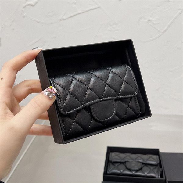 Mulheres designer clássico mini aba acolchoada carteira bolsa caviar couro bezerro pele de cordeiro ouro prata metal hardware titular do cartão tin249c