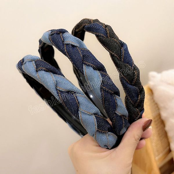 2023 mode Twist Geflochtene Haar Stirnband Schädel Top Druck Blau Haarband Mode Denim Farbe Block Für Frauen Zubehör Y2k