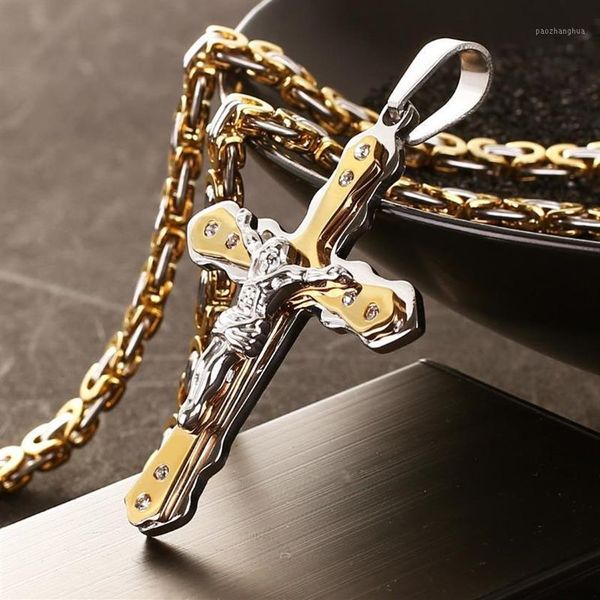 Correntes jóias homens bizantino ouro e prata aço inoxidável Cristo Jesus cruz pingente colar moda cool292u