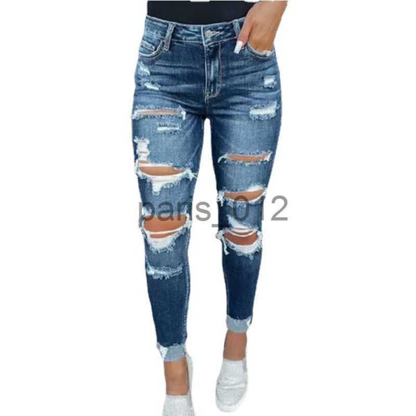 Jeans femininos moda mulheres dentro de emenda xadrez tecido jeans vintage buracos quebrados lápis calças casuais commuter hip-lifting calças x0909