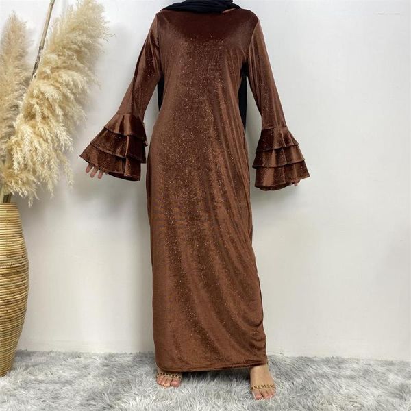 Roupas étnicas Verão Marrocos Abaya Muçulmano Vestido Mulheres Golden Velvet Chifre Mangas Abayas Turquia Vestidos Robe Musulman Lantejoulas Longo