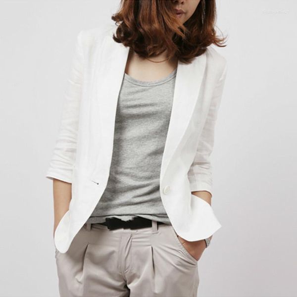 Kadın Suits Kadınlar Resmi Blazer Ceketler 2023 Yaz Sonbahar İnce Fit Office İş Çentikli 3/4 Kollu Pamuk Keten Beyaz Mavi