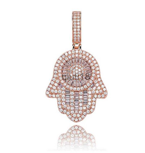 Colares Pingente Gelado Mão de Fátima Hamsa Pingente Colar CZ Cobre Top Qualidade Cubic Zircon Bling para Homens Mulheres Presentes X0913