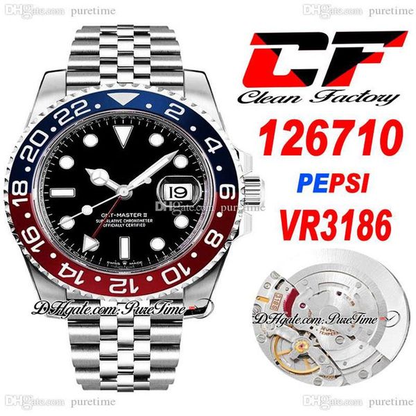 Clean CF GMT VR3186 Pepsi Automatik Herrenuhr Rot Blau Keramik Lünette Schwarzes Zifferblatt 904L JubileeSteel Armband Super Edition Same Ser223W