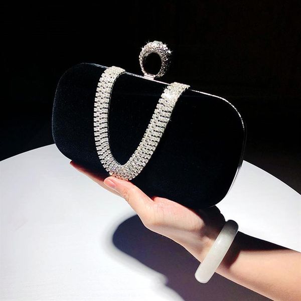 Fashion Female Diamond U Shape Handbag Ring Velvet Evening Bag Luxury Finger Clutch Purse Wedding Party Bag With Chain348Y