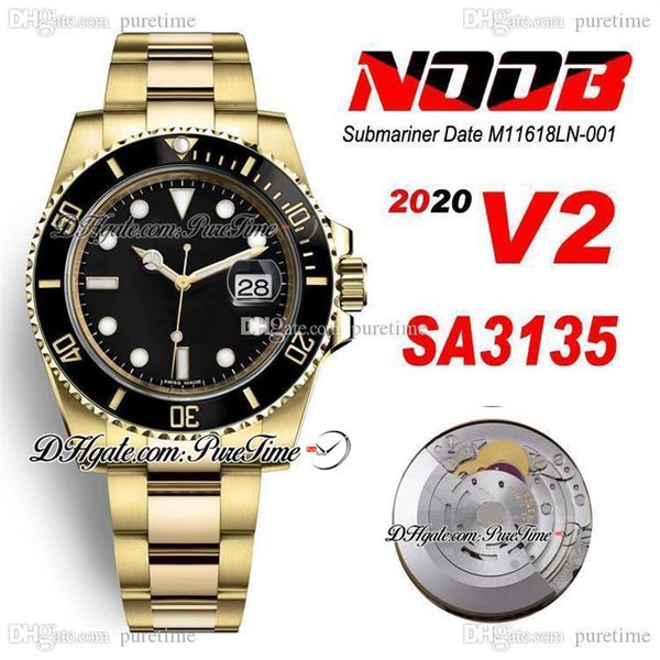 N V2 SA3135 Relógio automático masculino 18K ouro amarelo moldura de cerâmica mostrador preto índice caixa de aço 904L e pulseira OysterSteel ETA Supe2561