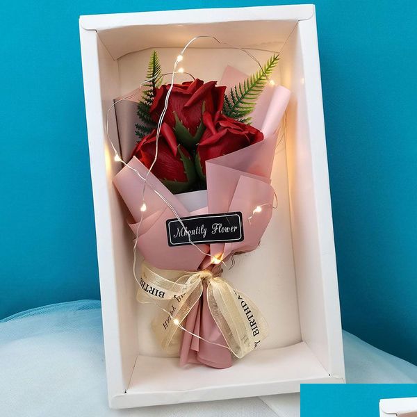 Flores decorativas grinaldas simation sabão buquê caixa rosa flor com luz led decoração de casamento lembrança presente do dia dos namorados fo otqct