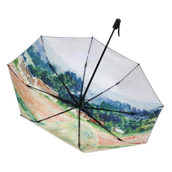 Regenschirme Les Meule Claude Monet Ölgemälde Regenschirm für Frauen Automatische Regen Sonne Tragbare Winddicht 3fold7860245314c