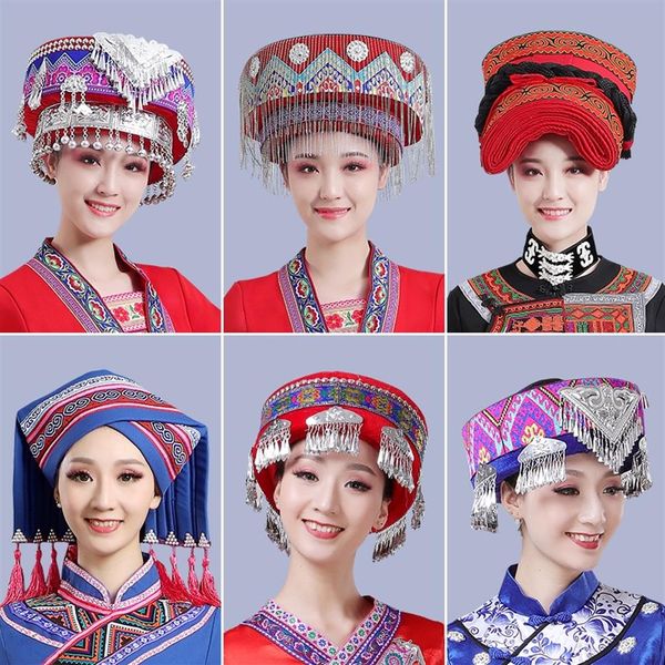 Hmong Miao Dans Şapkası Kadınlar için Partisi Geleneksel Giyim Şapkaları Püskül Aksesuarlar Festivali Performans Mewear Vintage Headd204k