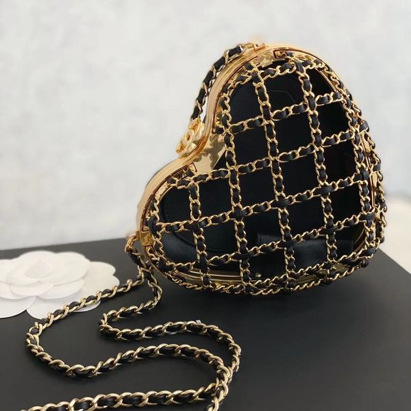 Coração minaudiere pele de cordeiro tom dourado metal designer bolsa luxo crossbody sacos corrente 10a espelho qualidade noite sacos embreagem