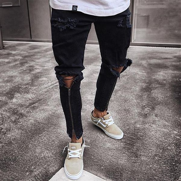 Jeans da uomo Pantaloni slim fit con cerniera strappati a gamba stretta Pantaloni alla moda Denim attillati262g