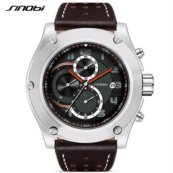 Marca SINOBI, reloj deportivo para hombre, reloj de lujo de cuero resistente al agua con cronógrafo de cuarzo, reloj de pulsera militar para hombre, reloj Saat Gift235M