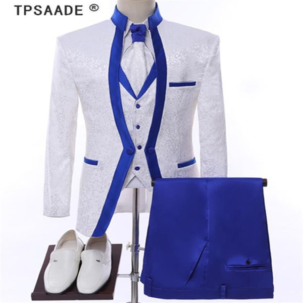 Branco azul real aro roupas de palco para homens terno conjunto ternos de casamento dos homens traje do noivo smoking jaqueta formal calças colete tie255t