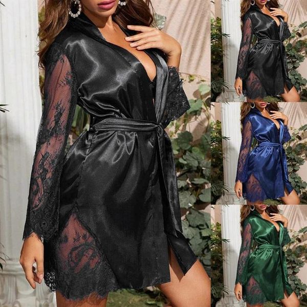 Homens sleepwear 2021 sexy lingerie verão senhoras senhoras cetim seda noiva vestes quimono robe lace night wear vestido sleepwe262a